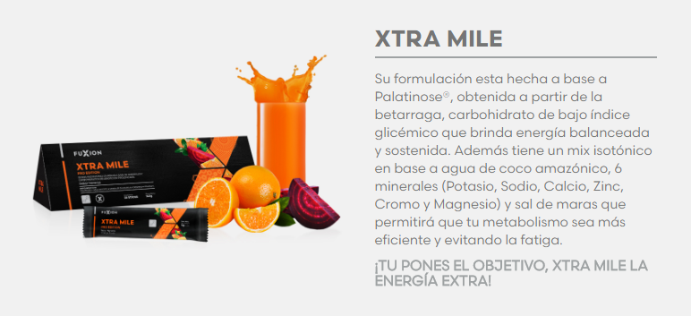productos fuxion xtra mile para brindar energia extra en el deporte y ejercicio evitar la fatiga